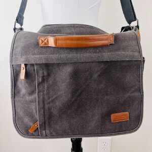 Estarer Charcoal Gray Canvas with Brown Vegan Leather Trim Laptop Messenger Bag